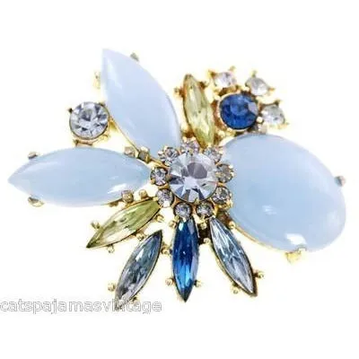 Vintage Rhinestone Set Brooch and Clip Ears Blues/Greens