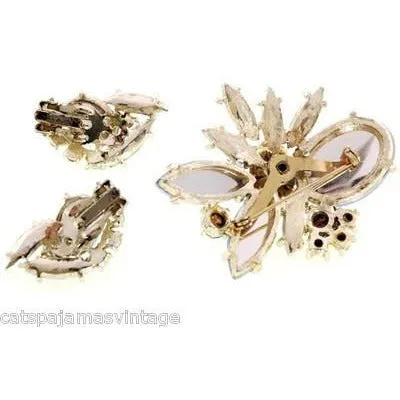 Vintage Rhinestone Set Brooch and Clip Ears Blues/Greens