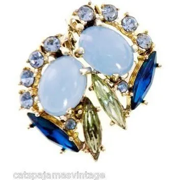 Vintage Rhinestone Set Brooch and Clip Ears Blues/Greens