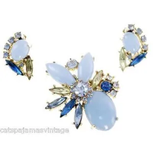 Vintage Rhinestone Set Brooch and Clip Ears Blues/Greens