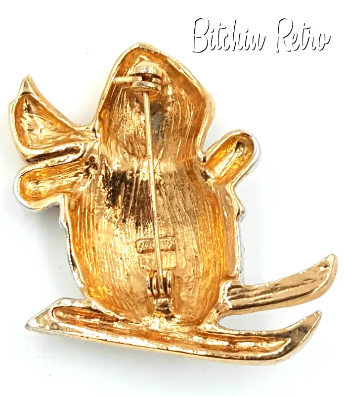 Vintage Roman Jewelry Rhinestone Snowman On Skis Brooch