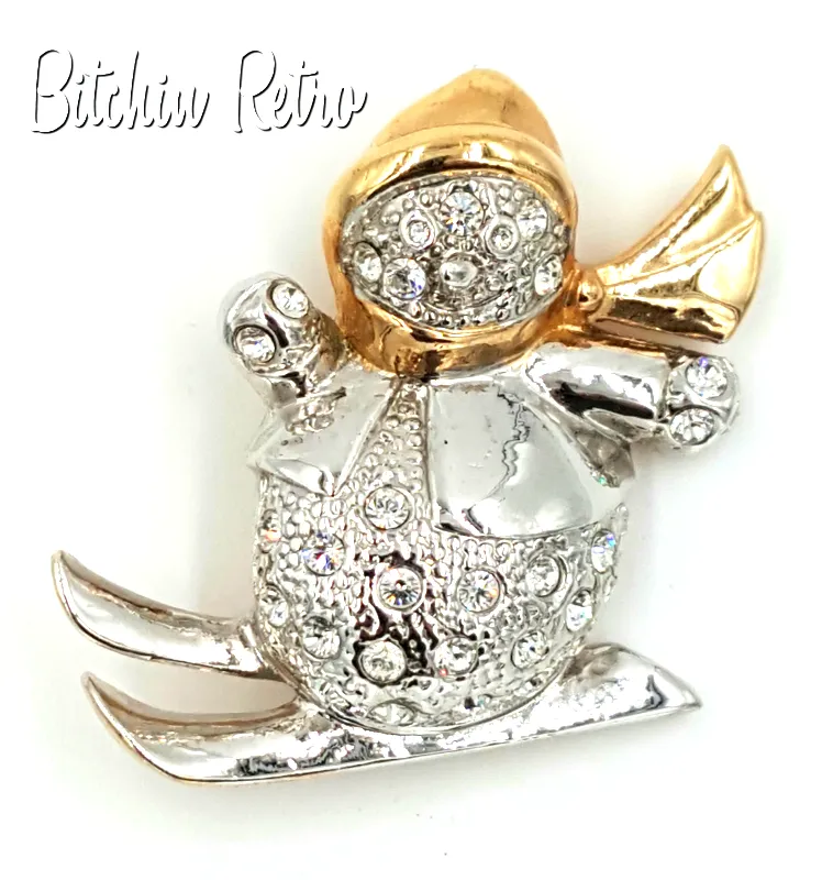 Vintage Roman Jewelry Rhinestone Snowman On Skis Brooch