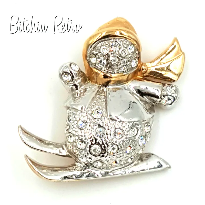 Vintage Roman Jewelry Rhinestone Snowman On Skis Brooch