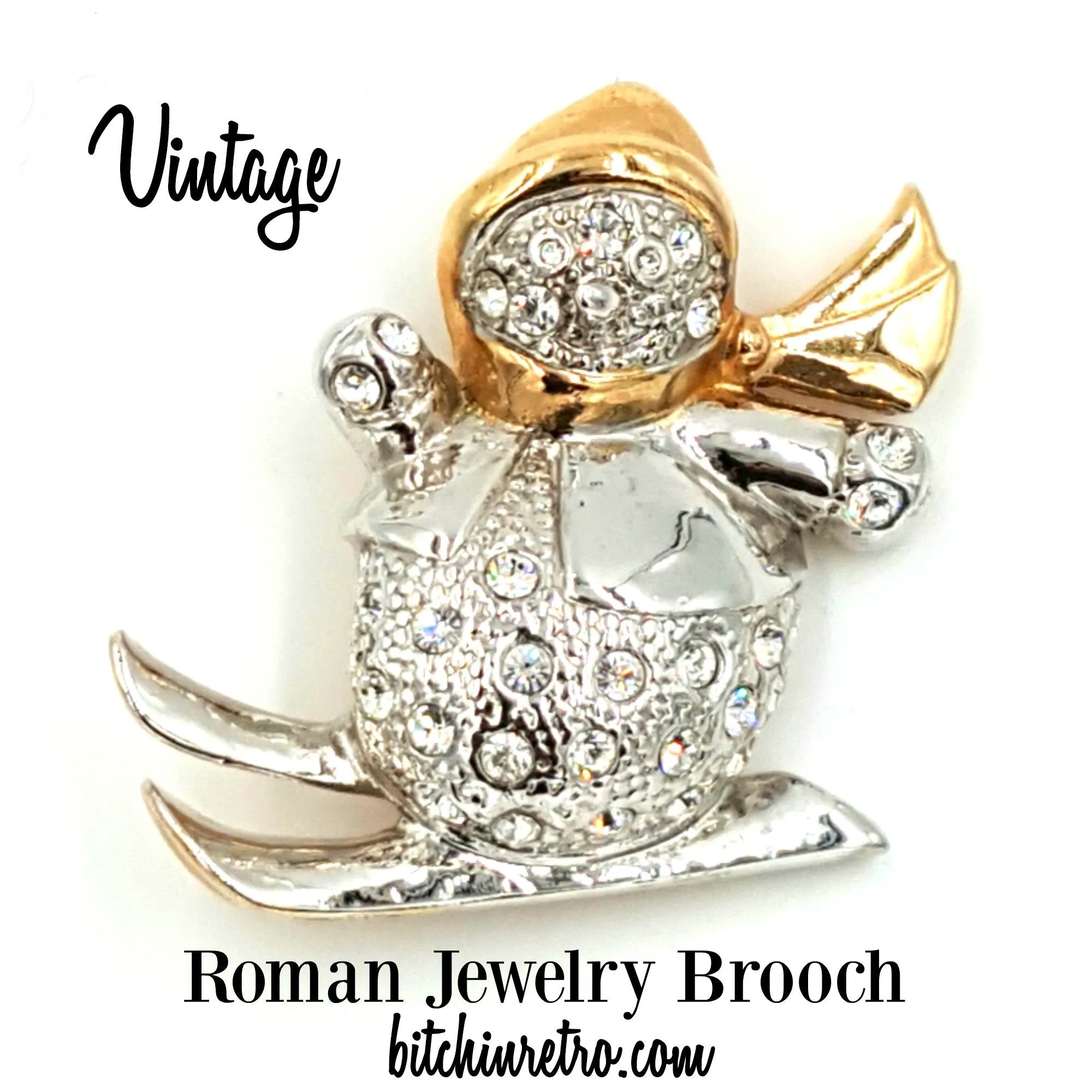 Vintage Roman Jewelry Rhinestone Snowman On Skis Brooch