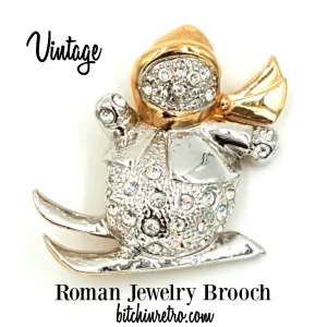 Vintage Roman Jewelry Rhinestone Snowman On Skis Brooch
