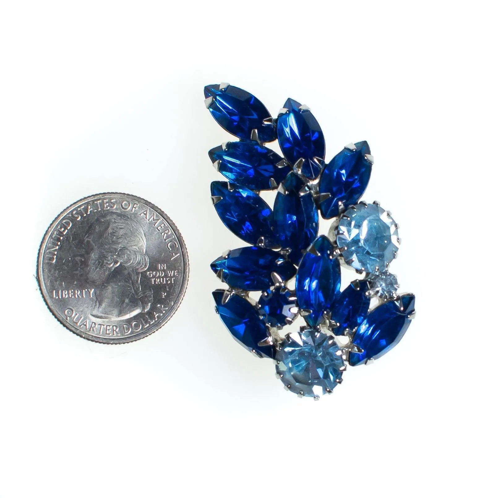 Vintage Sapphire Blue Rhinestone Brooch, Light Blue and Blue Rhinestones, Silver Tone Setting, Brooches and Pins