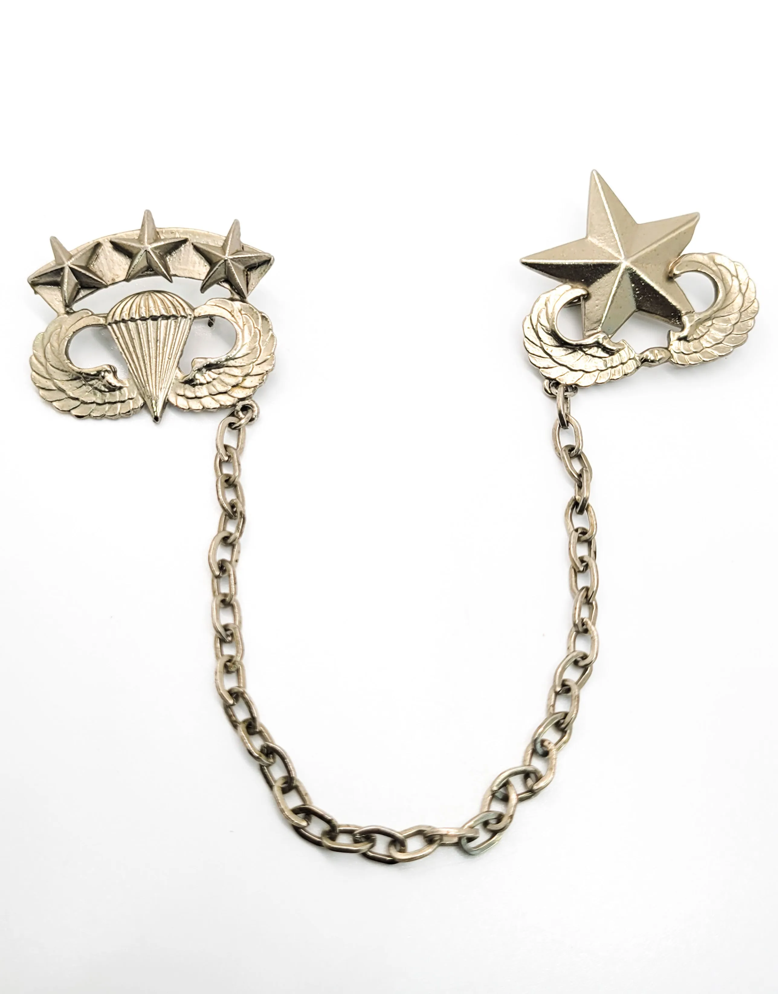 Vintage senior Airborne Parachutist chained collar brooch pin set Military Paratrooper