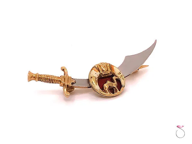 Vintage Shriners Masonic Enamel Sword Brooch in 14K Yellow Gold