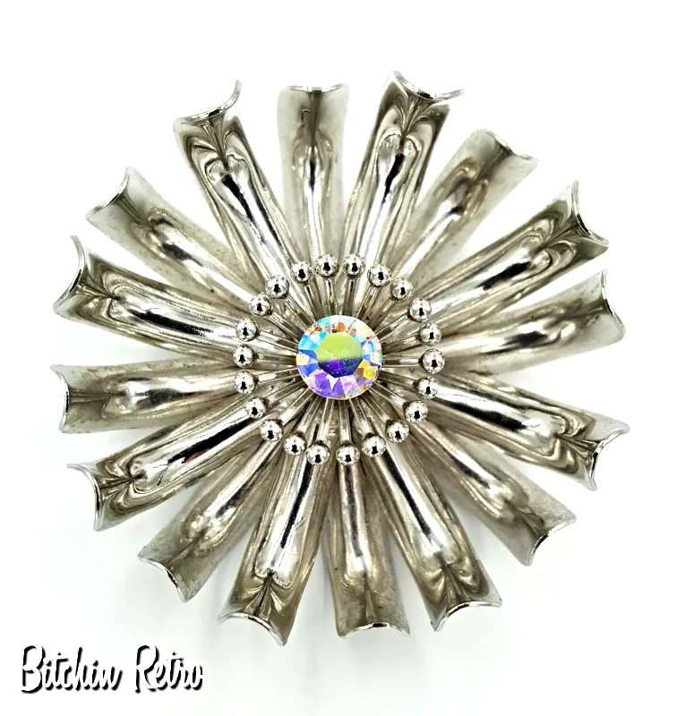 Vintage Spider Mum Brooch With Center Aurora Borealis Rhinestone