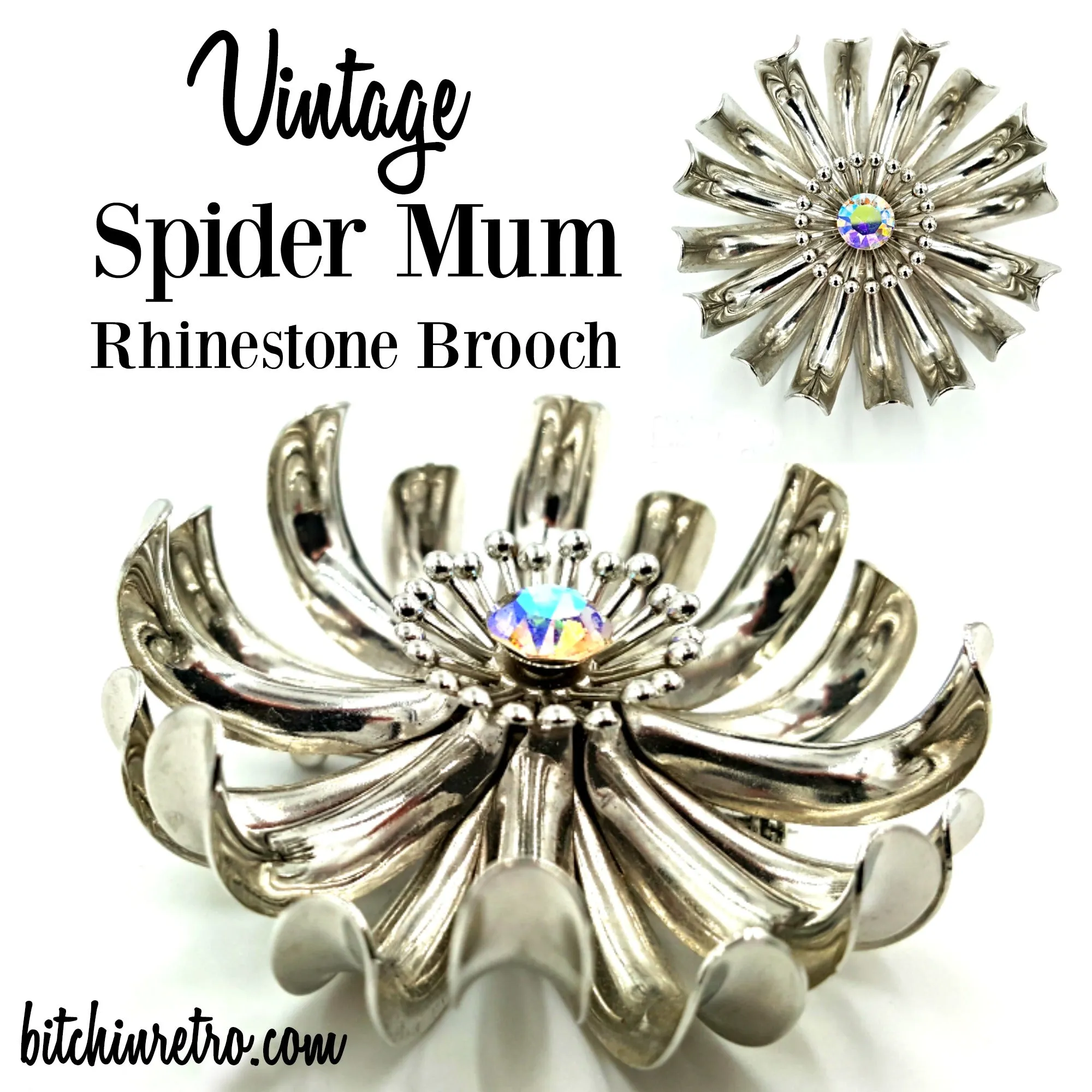 Vintage Spider Mum Brooch With Center Aurora Borealis Rhinestone