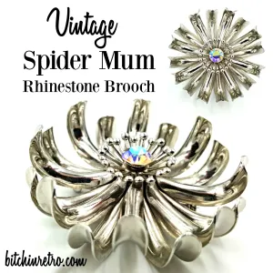 Vintage Spider Mum Brooch With Center Aurora Borealis Rhinestone