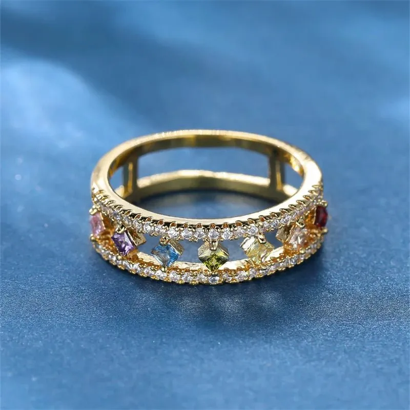 Vintage Square Rainbow Zircon Engagement Ring Wedding Women
