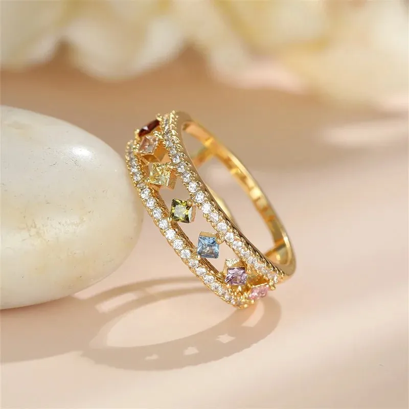 Vintage Square Rainbow Zircon Engagement Ring Wedding Women