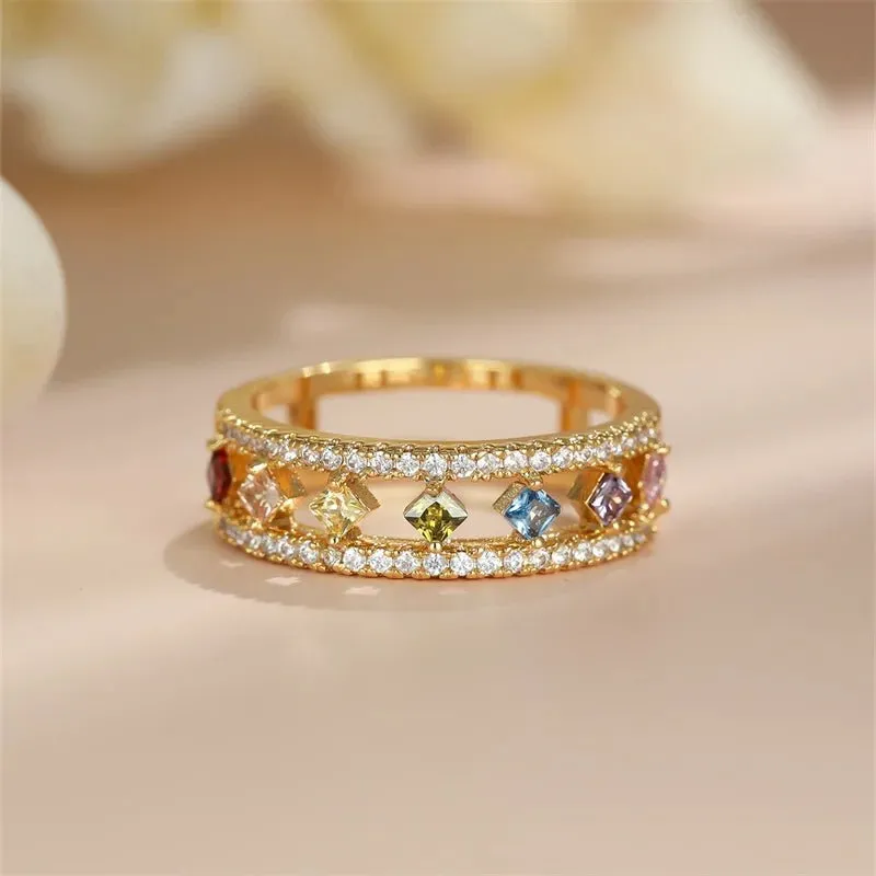 Vintage Square Rainbow Zircon Engagement Ring Wedding Women