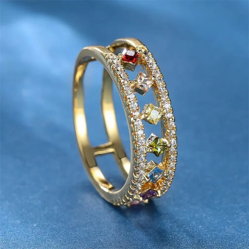 Vintage Square Rainbow Zircon Engagement Ring Wedding Women