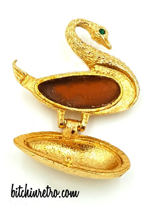 Vintage Swan Perfume Compact or Secret Compartment Brooch