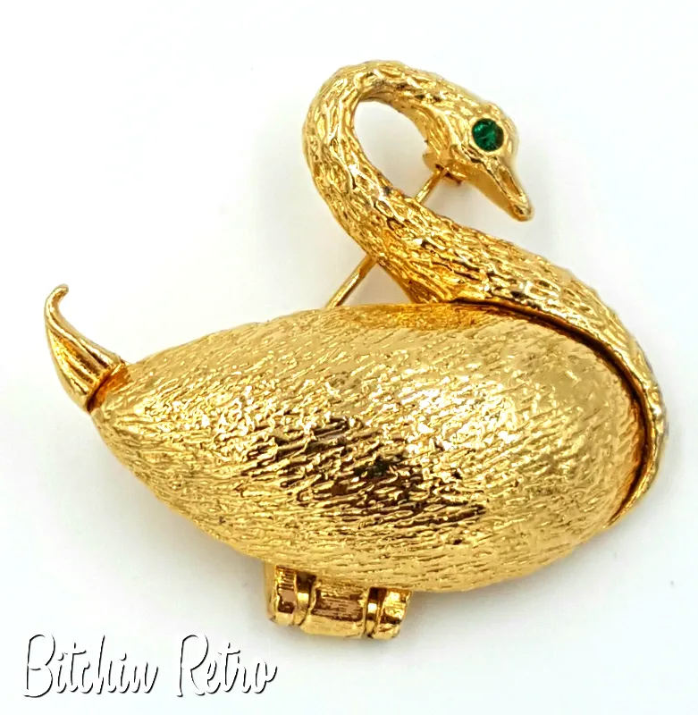Vintage Swan Perfume Compact or Secret Compartment Brooch