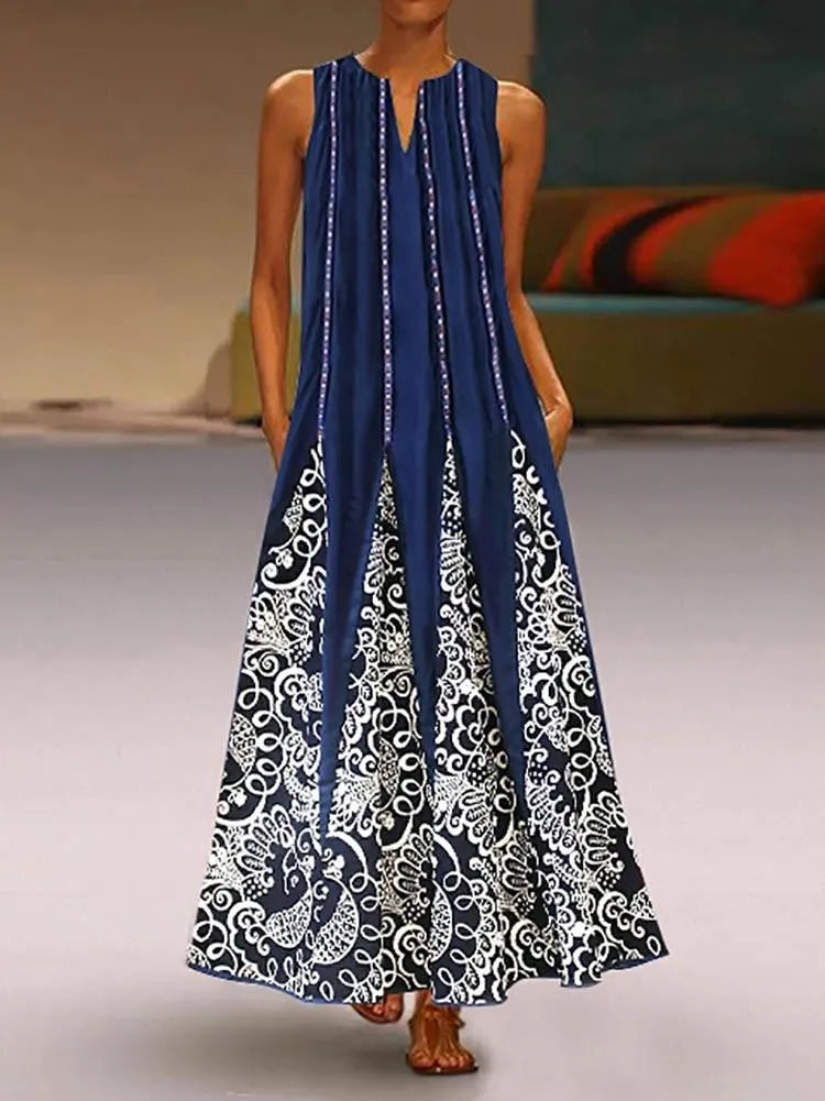 Vintage V Neck Sleeveless Pocket Dresses
