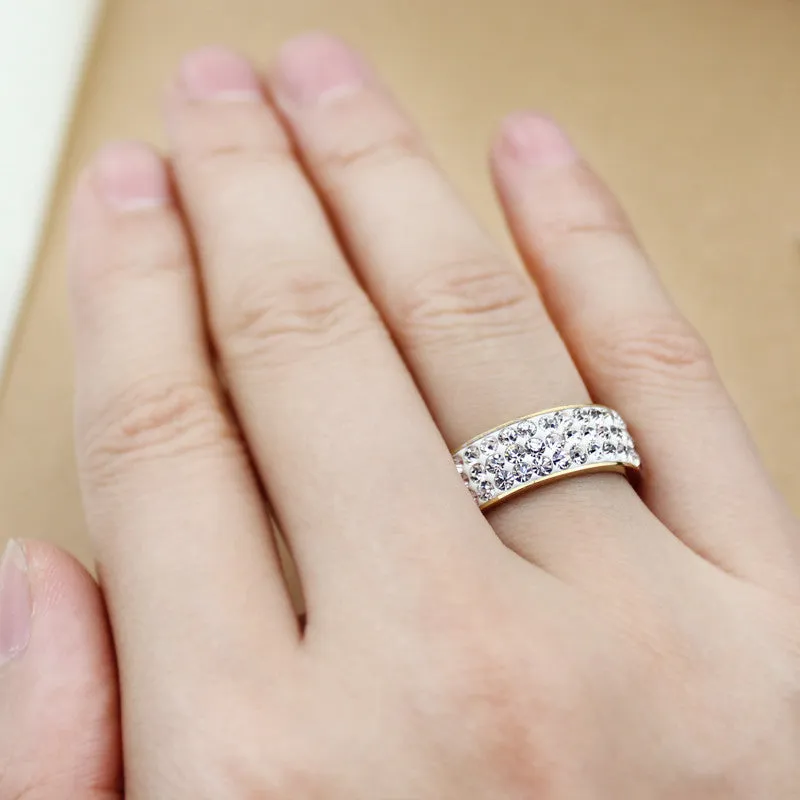 Vintage Wedding Rings For Women 18K Gold Plated Stainless Steel 3 Row Crystal Cubic Zirconia