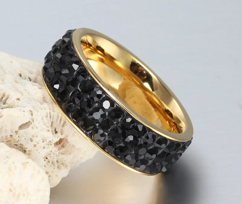 Vintage Wedding Rings For Women 18K Gold Plated Stainless Steel 3 Row Crystal Cubic Zirconia