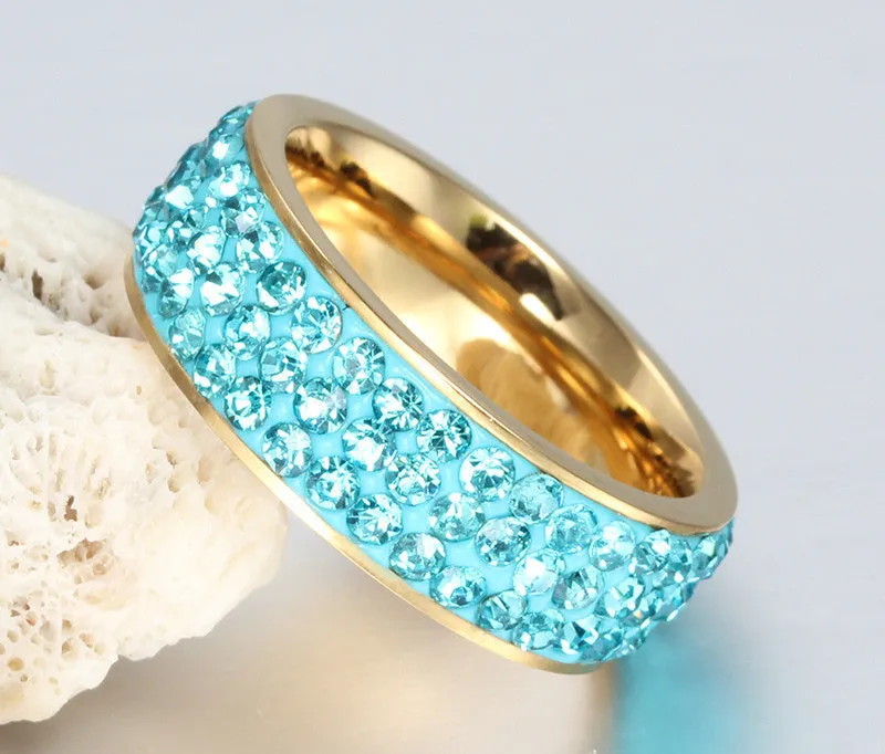 Vintage Wedding Rings For Women 18K Gold Plated Stainless Steel 3 Row Crystal Cubic Zirconia