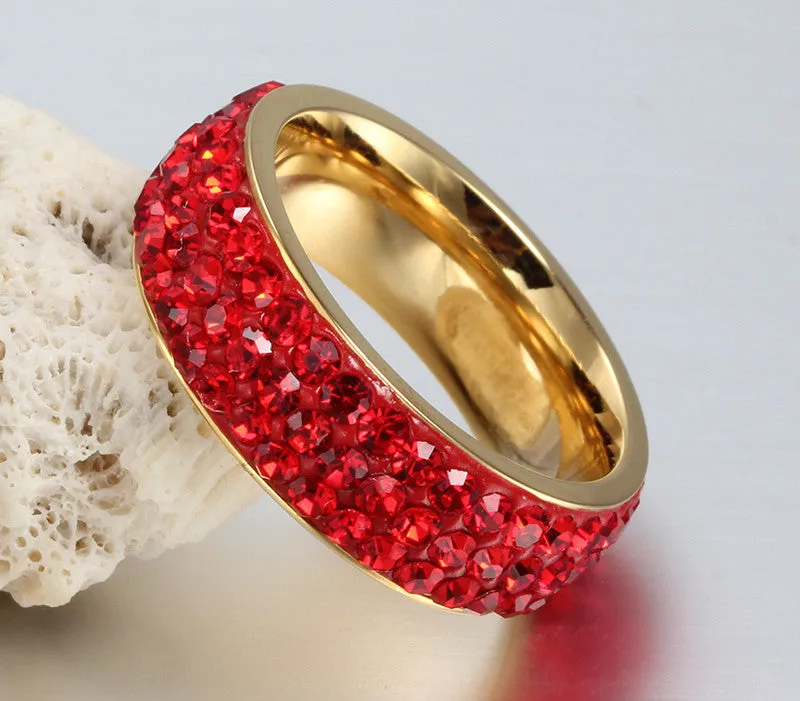 Vintage Wedding Rings For Women 18K Gold Plated Stainless Steel 3 Row Crystal Cubic Zirconia