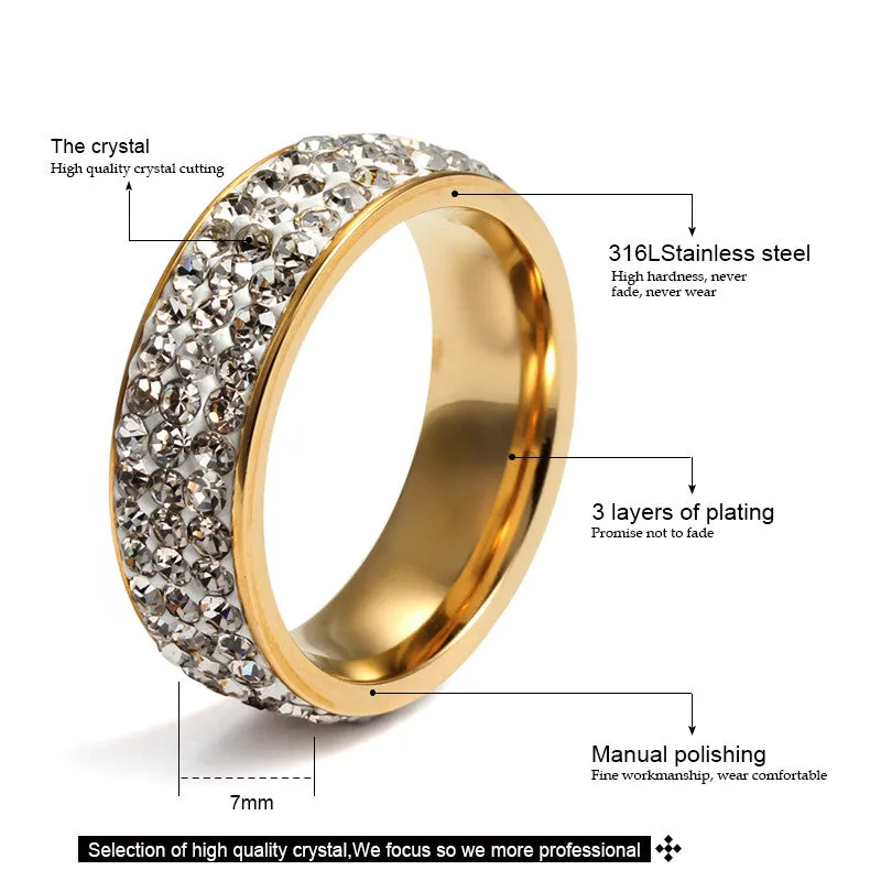 Vintage Wedding Rings For Women 18K Gold Plated Stainless Steel 3 Row Crystal Cubic Zirconia
