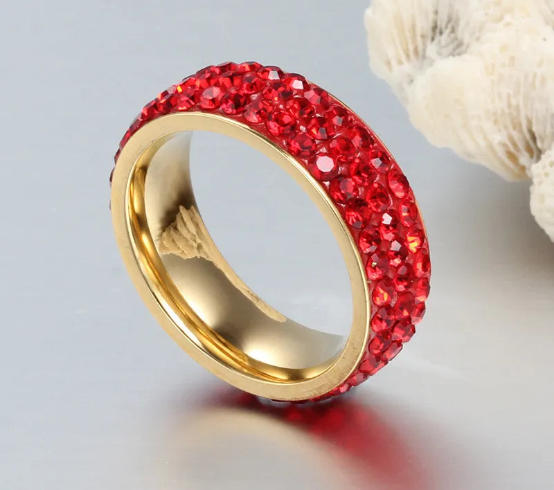 Vintage Wedding Rings For Women 18K Gold Plated Stainless Steel 3 Row Crystal Cubic Zirconia
