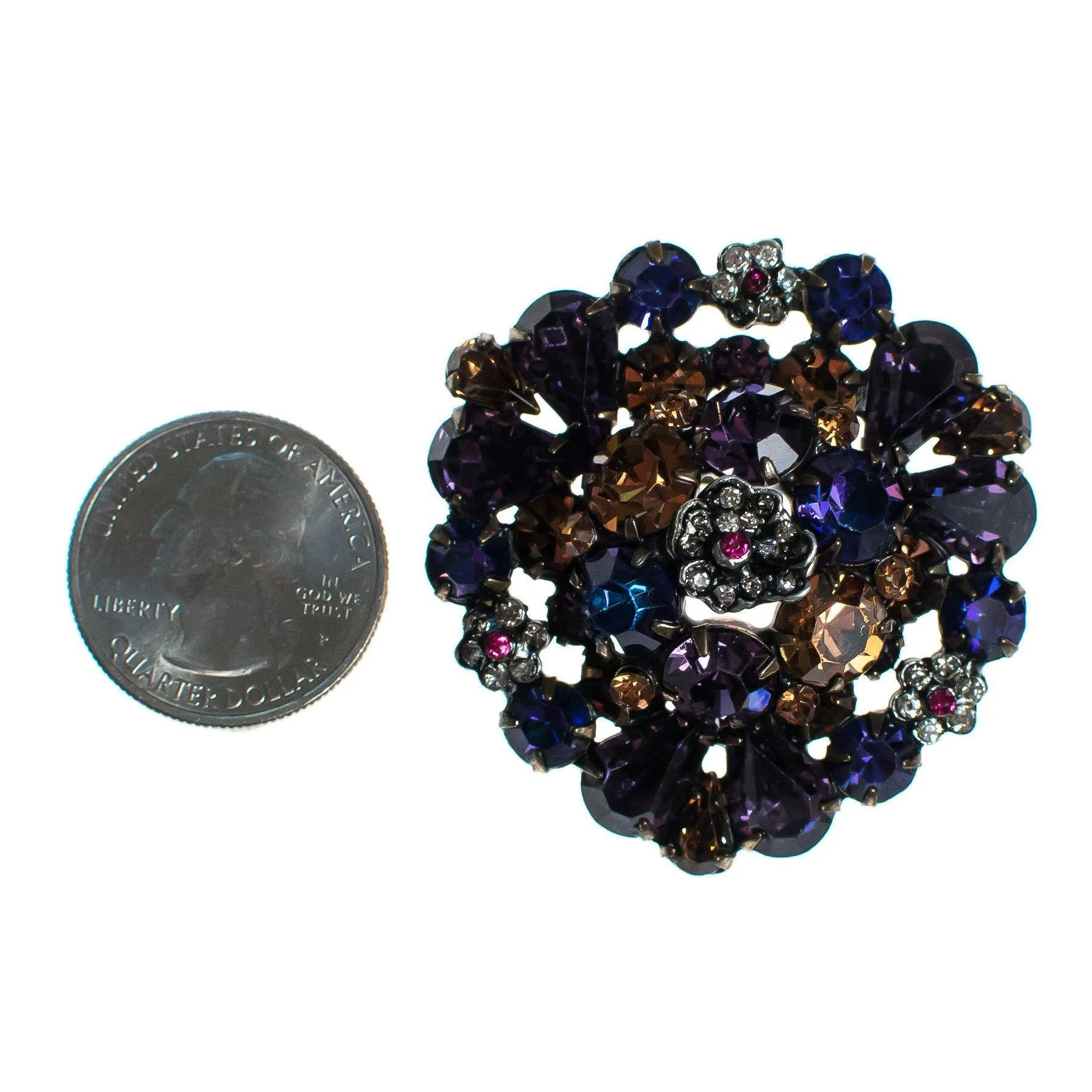 Vintage Weiss Brooch, Purple, Blue, Gold, and Red Rhinestones, Diamante Crystals, Silver Tone Setting, Brooches and Pins