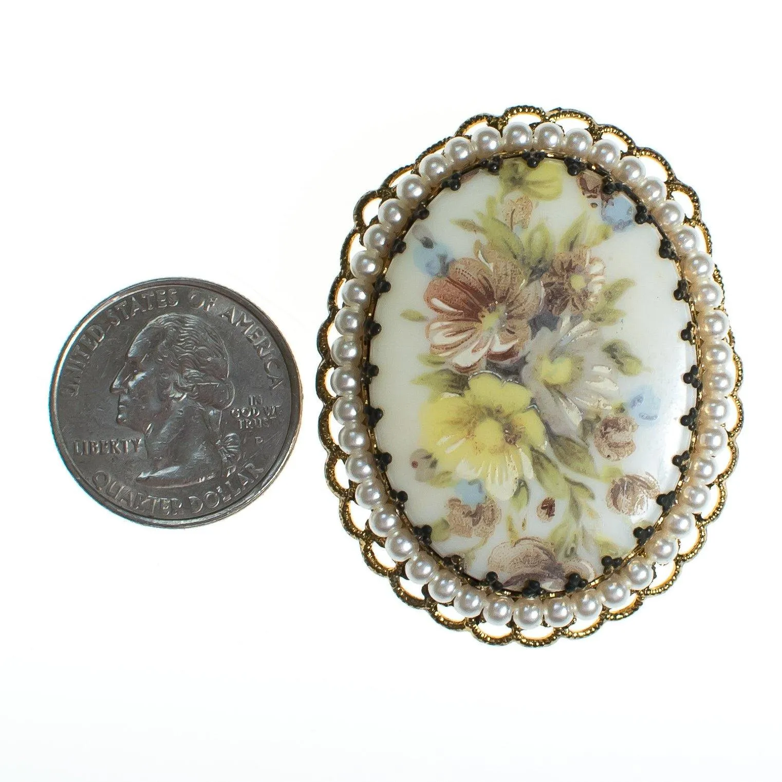 Vintage West Germany Oval Brooch with with Pastel Flowers and Faux Pearls