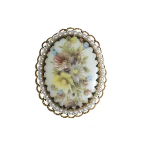 Vintage West Germany Oval Brooch with with Pastel Flowers and Faux Pearls