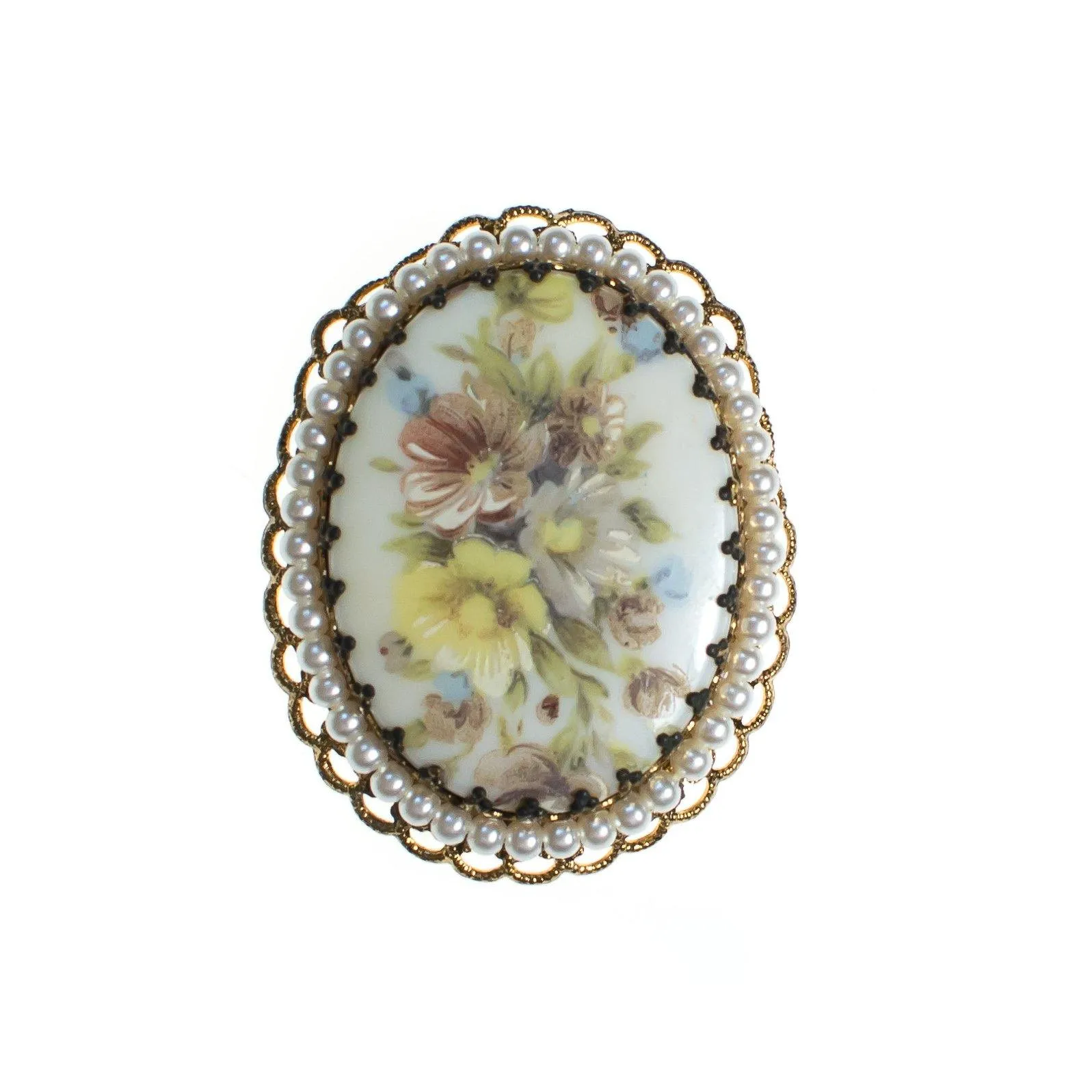 Vintage West Germany Oval Brooch with with Pastel Flowers and Faux Pearls