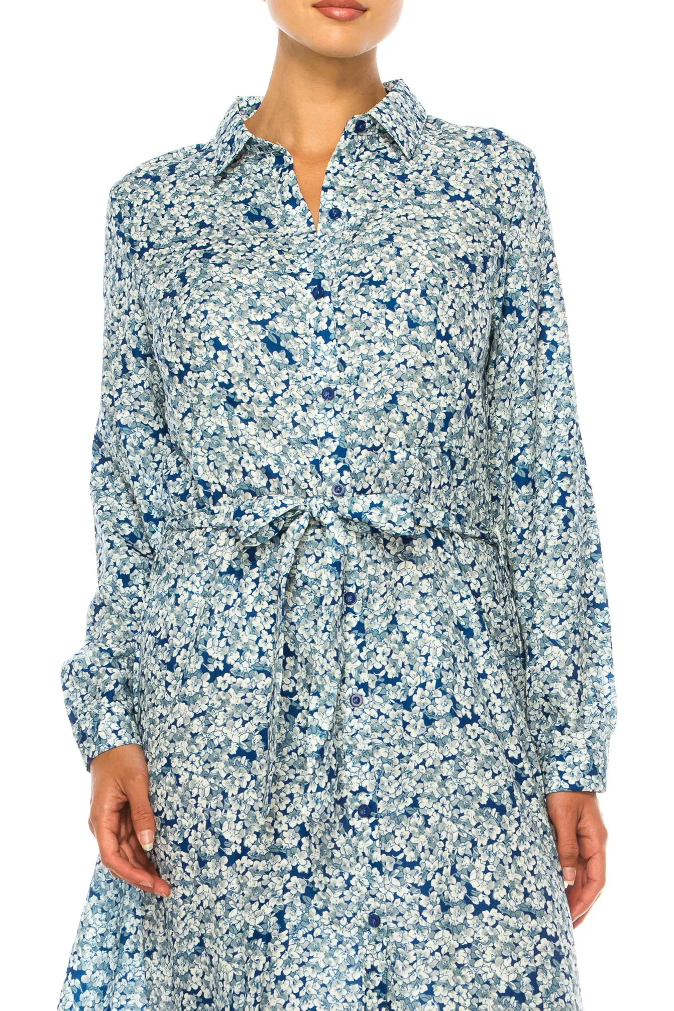 Vivid Long Sleeve Belted Floral Shirt Dress