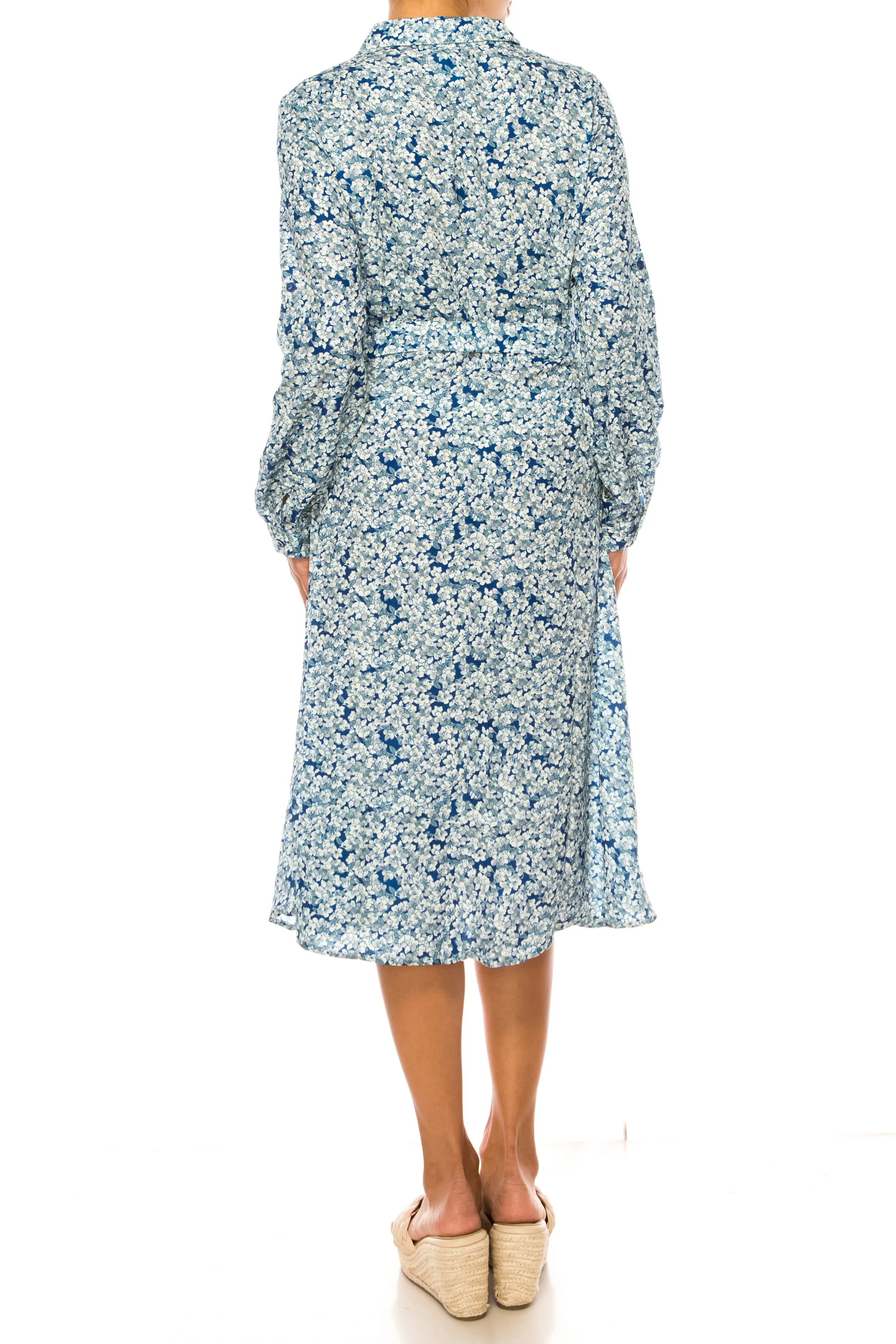 Vivid Long Sleeve Belted Floral Shirt Dress