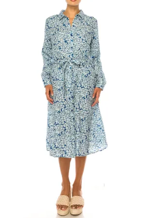 Vivid Long Sleeve Belted Floral Shirt Dress