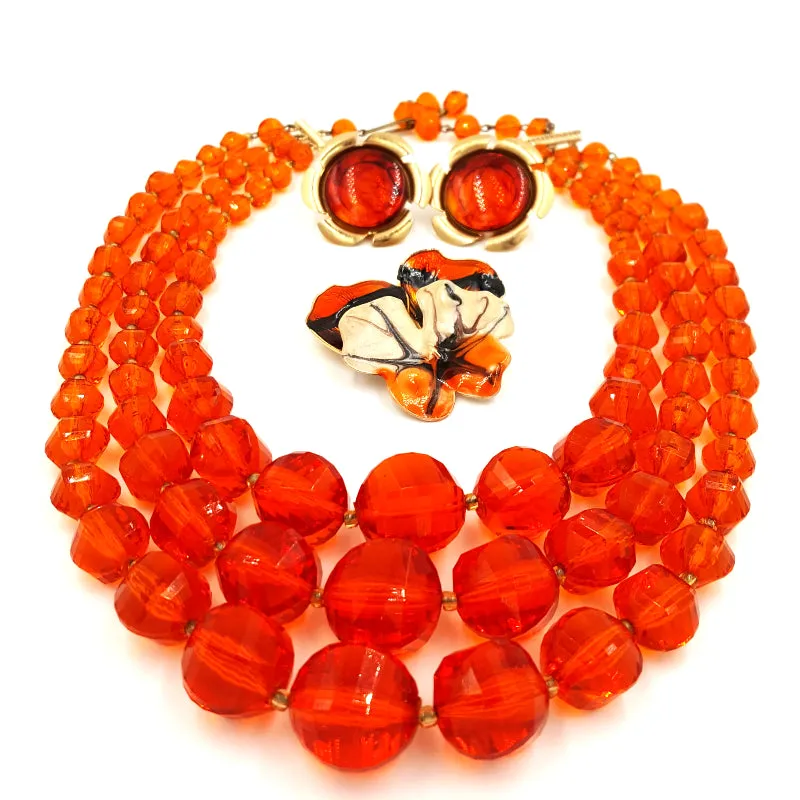 West Germany Vintage Necklace, Enamel Flower Pin and Sarah Coventry Earrings