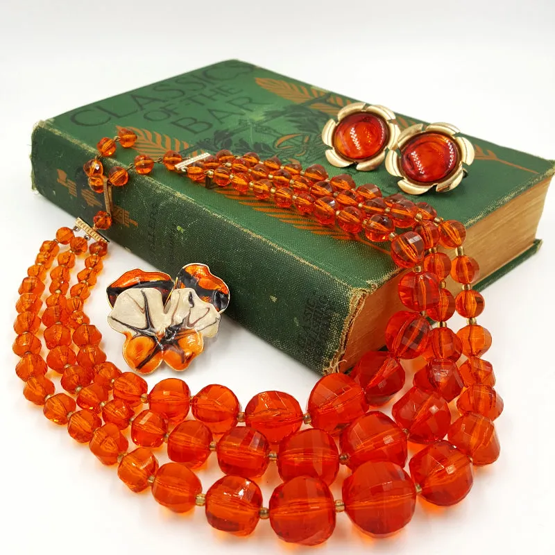 West Germany Vintage Necklace, Enamel Flower Pin and Sarah Coventry Earrings