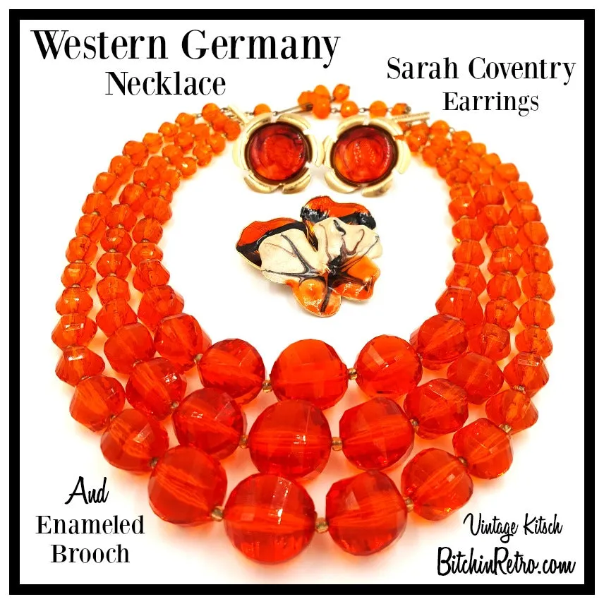West Germany Vintage Necklace, Enamel Flower Pin and Sarah Coventry Earrings
