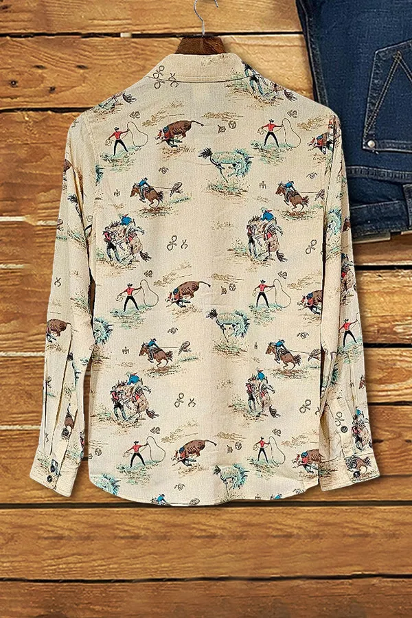 Western Retro Print Button-Down Shirt