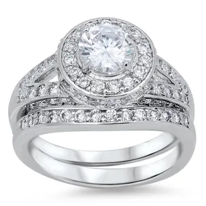 White CZ Polished Halo Elegant Ring Set New .925 Sterling Silver Band Sizes 5-9