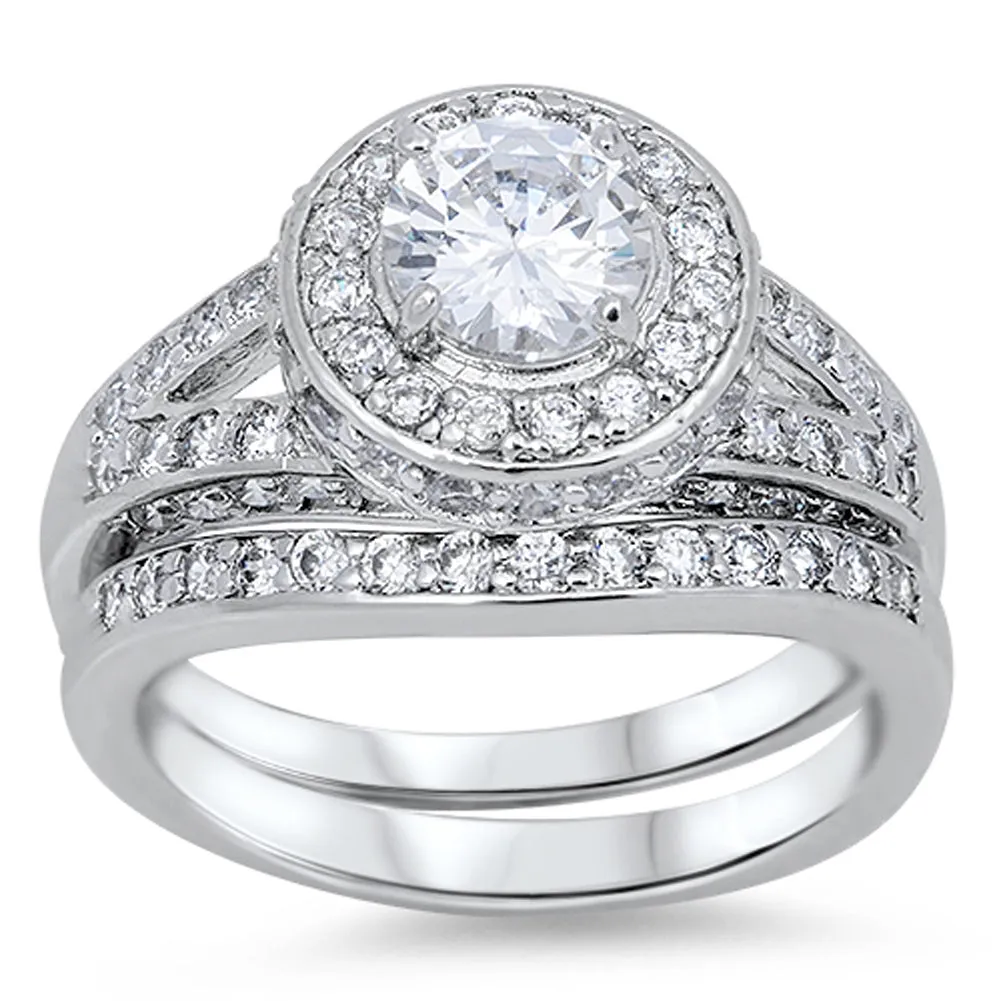 White CZ Polished Halo Elegant Ring Set New .925 Sterling Silver Band Sizes 5-9