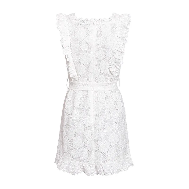 White Embroidered Lace Flower Seeveless Bodycon Mini Dresses