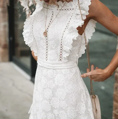 White Embroidered Lace Flower Seeveless Bodycon Mini Dresses