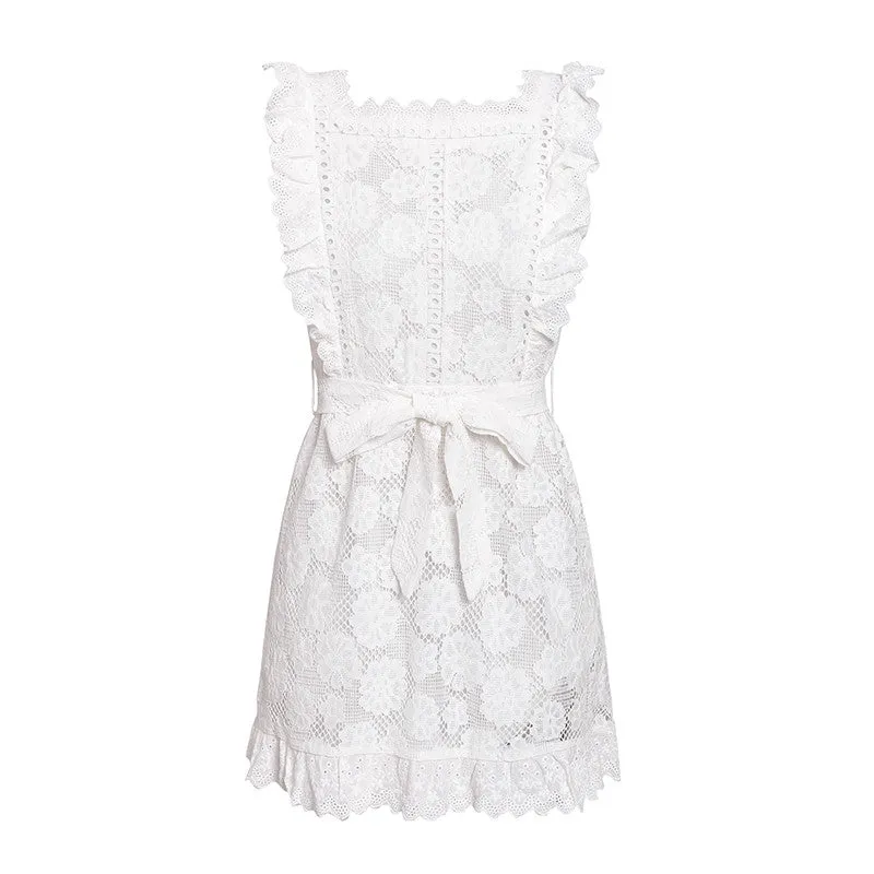 White Embroidered Lace Flower Seeveless Bodycon Mini Dresses