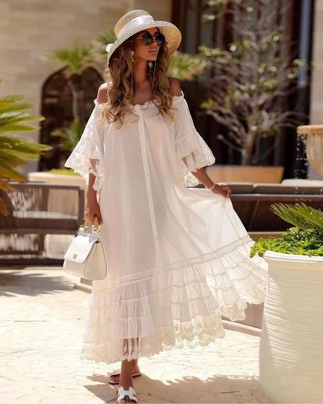 White Half Sleeves Off The Shoulder Long Dresses