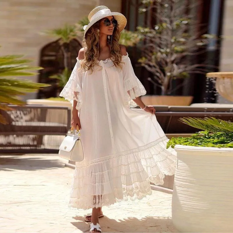 White Half Sleeves Off The Shoulder Long Dresses