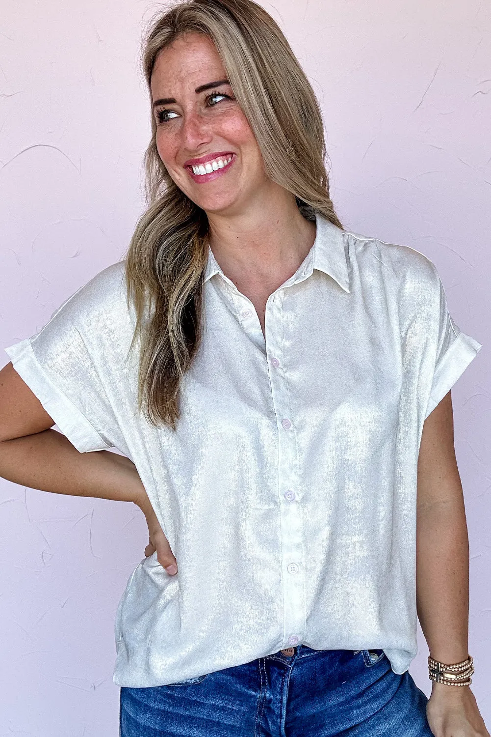 White Metallic Buttoned Loose Fit Short Sleeve Shirt