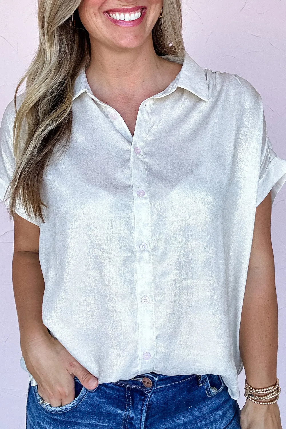 White Metallic Buttoned Loose Fit Short Sleeve Shirt