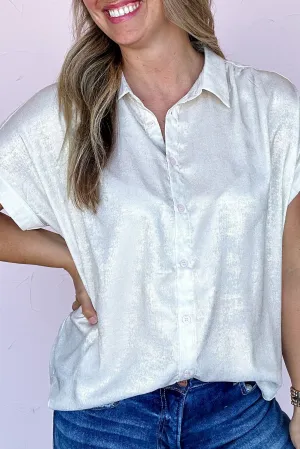 White Metallic Buttoned Loose Fit Short Sleeve Shirt