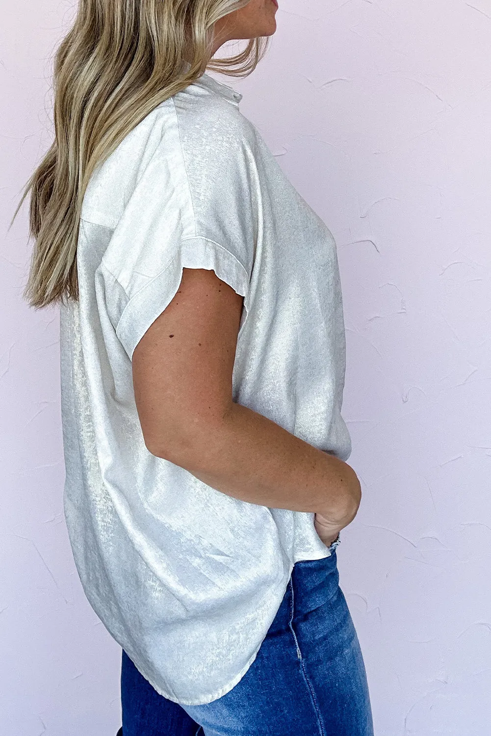 White Metallic Buttoned Loose Fit Short Sleeve Shirt